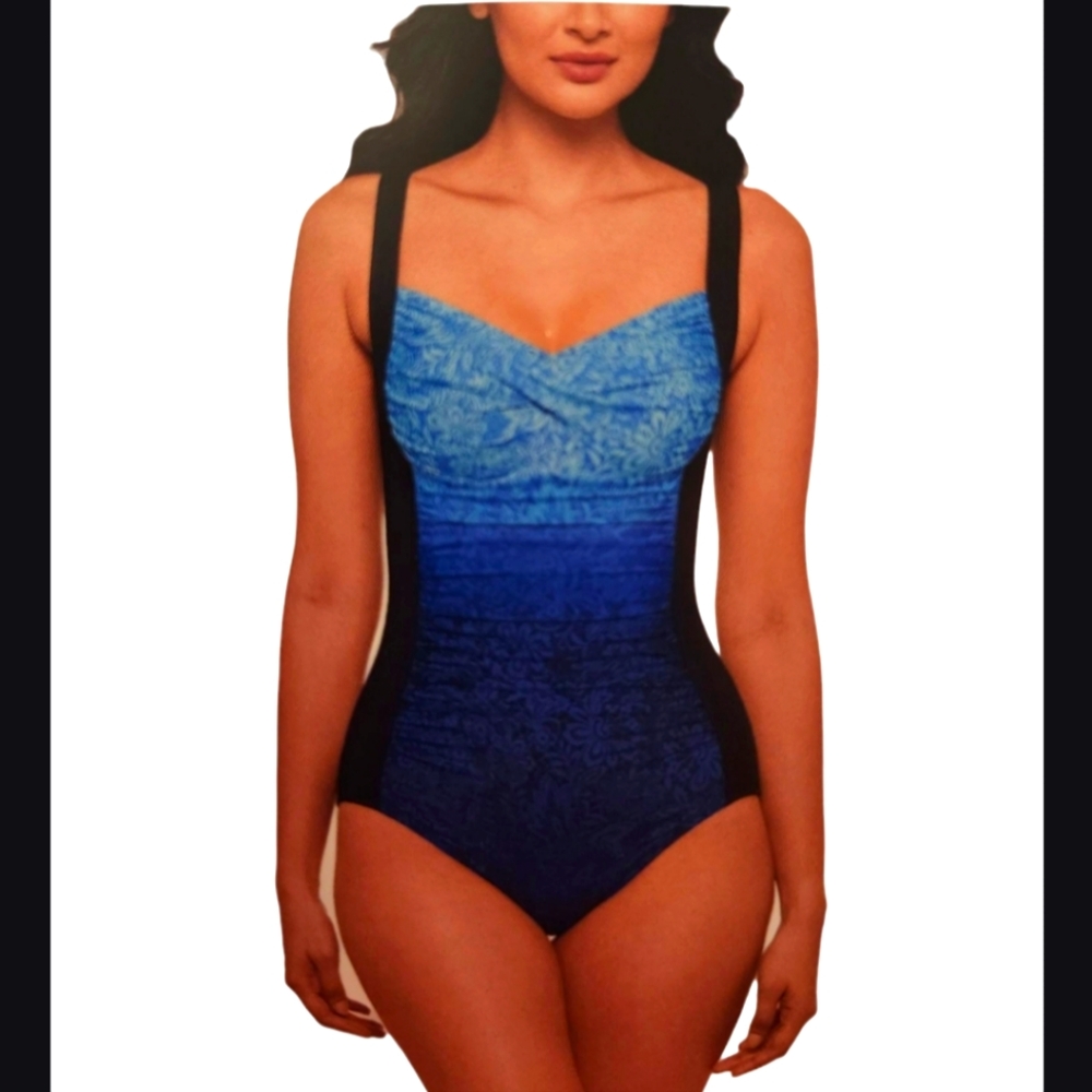 NWT MIRACLEBODY TROPICAL BLUE FLORAL FRONT ROUCHED ONE PIECE SLIMMING SWIMSUIT 8